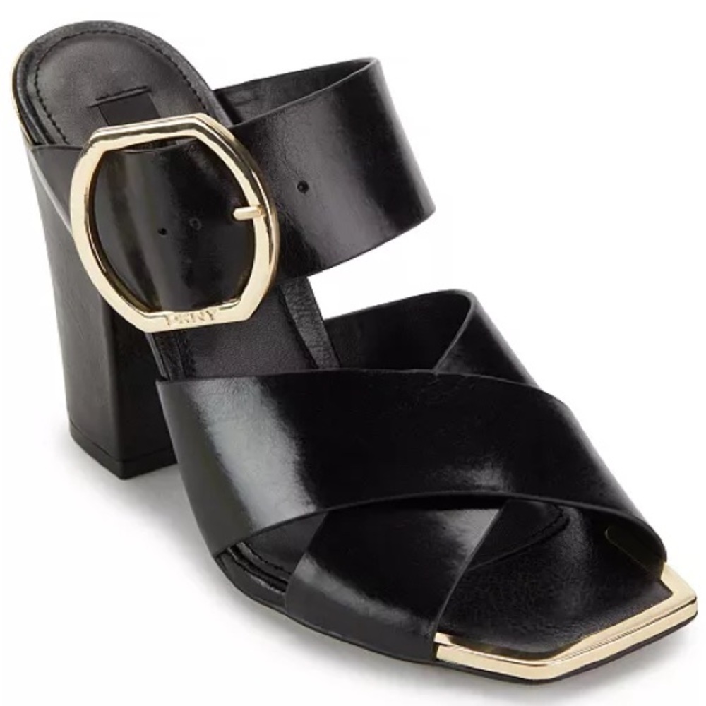 DKNY Buckle Slide 4"‎ Heel Black Leather Gold Accents Dress Up Sandals 8.5
